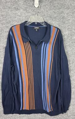 Express Sweater Mens XL Navy Blue Vertical Stripe Quarter Zip Collared Knit